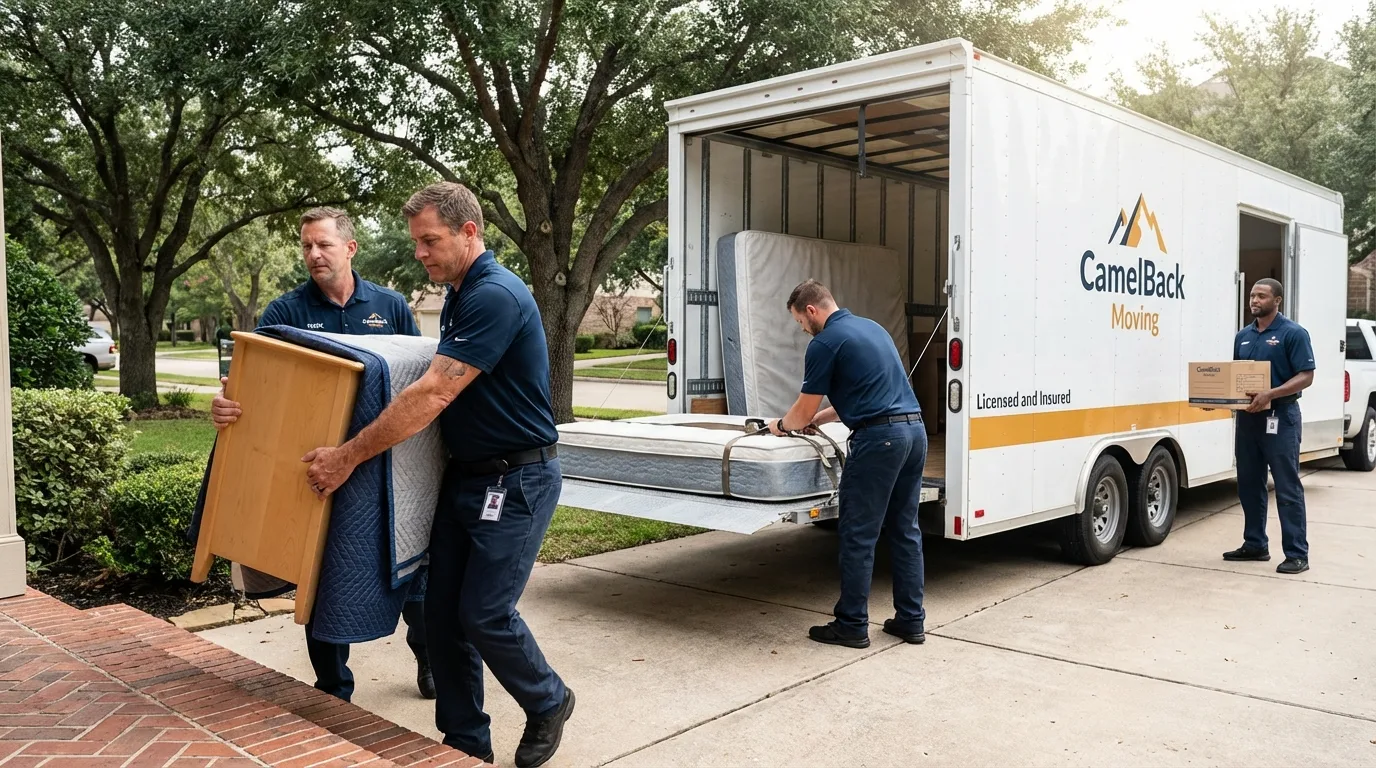 Crew loading residential truck for cross-state move from Mankato, KS