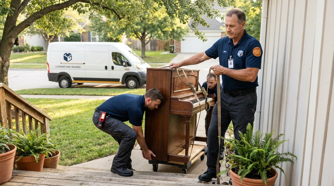 Licensed piano movers securing grand piano in Mankato, KS