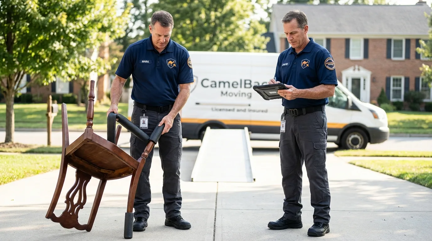 Movers inspecting furniture for damage prevention before loading in Mankato, KS
