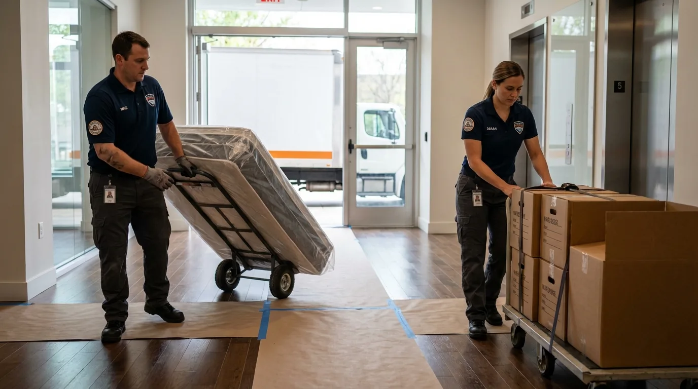 Professional apartment movers loading elevator in Mankato, KS